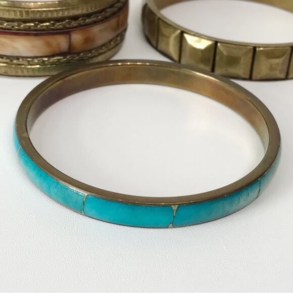 Vintage Brass Hand Crafted Mother of Pearl Inlay Bangles Bracelet Set Lot of 3 - Picture 7 of 16